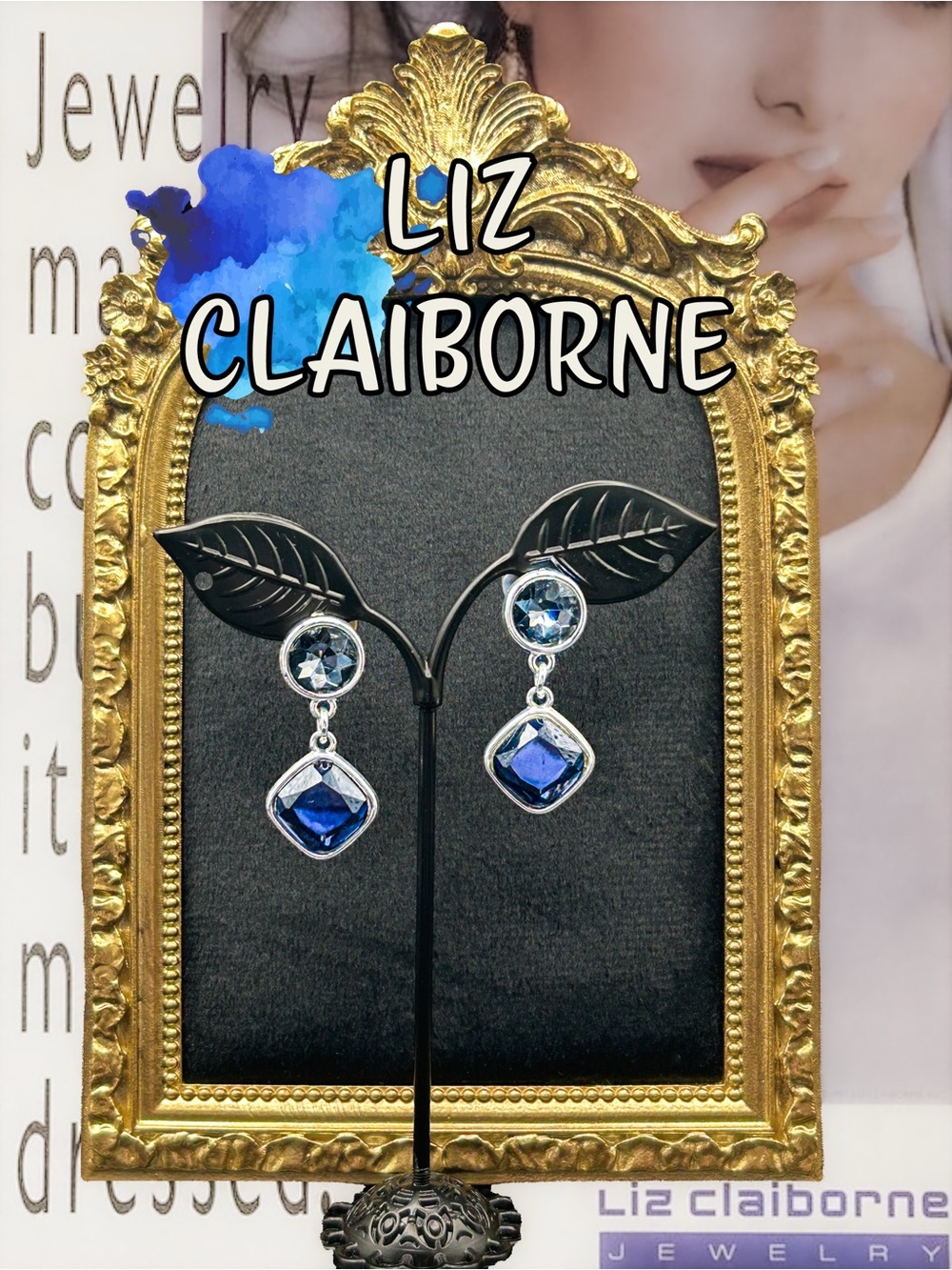 Vintage Liz Claiborne Blue and Grey Crystal Drop Earrings, Signed LC